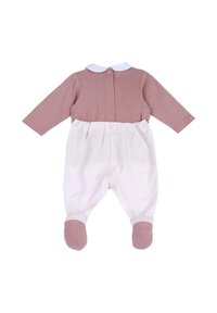 Žebrovaný růžový korzet s bílým límečkem a knoflíky na zádech, kombinovaný s bílými kalhotami a růžovými ponožkami. Měkká tkanina, dlouhé rukávy.