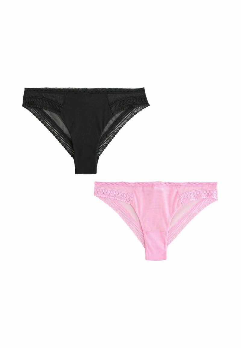 Svarta och rosa trosor med spetskant, låg midja, tillverkade av mjukt tyg, med genomskinliga detaljer och en delikat kantdesign.