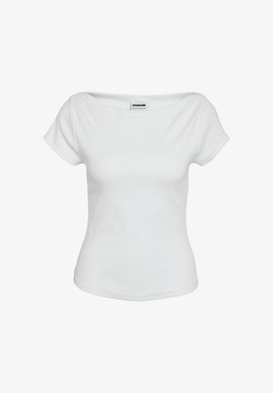 White short-sleeve ribbed knit top with a wide boat neckline and fitted silhouette, displayed against a plain background.