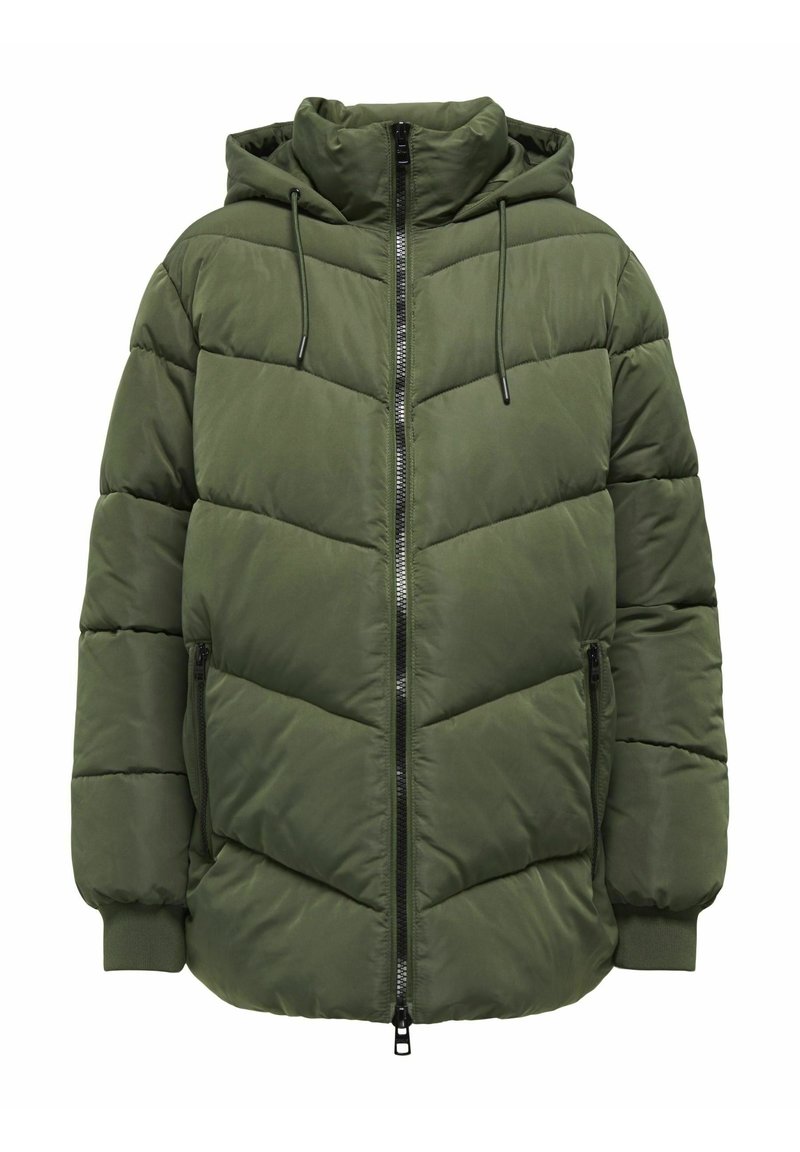 Giacca a vento verde con cappuccio, dotata di chiusura con zip, polsini elasticizzati e trapuntatura a chevron. Comprende due tasche laterali con zip.