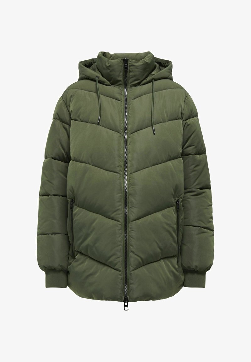 Vihreä puhallettu takki hupulla, jossa on vetskari, joustavat hihansuut ja chevron-omenat ompeleita. Sisältää kaksi sivuvetoketjullista taskua.