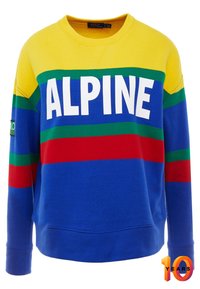 Färgglad sweatshirt med blå, gul, grön och röd randning och texten "ALPINE" i vitt. Har rund hals och ribbade ärmslut.