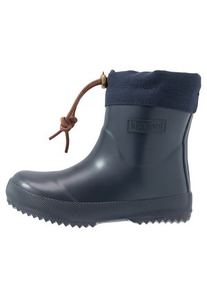 Granatowy, wodoodporny, krótkotrwały kalosz z teksturowaną podeszwą, materiałowym mankietem, skórzanym sznurowadłem i tłoczonym logo po boku.