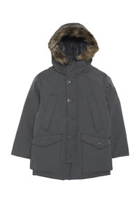 Grijze parka jas met een met bont gevoerde capuchon, knoopsluiting aan de voorkant en twee grote patchzakken aan de voorkant. Glad materiaal met een matte afwerking.