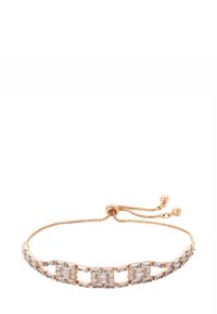 Bracciale d'oro regolabile con pietre preziose trasparenti rettangolari e quadrate disposte in un motivo geometrico e chiusura a perline scorrevole con due estremità a sfera.