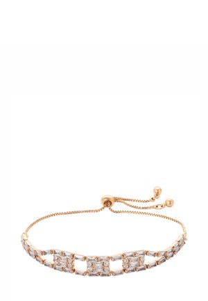 Verstellbares goldenes Armband mit rechteckigen und quadratischen klaren Edelsteinen, die in einem geometrischen Muster angeordnet sind, sowie einem Schiebeperlenverschluss mit zwei kugelförmigen Enden.