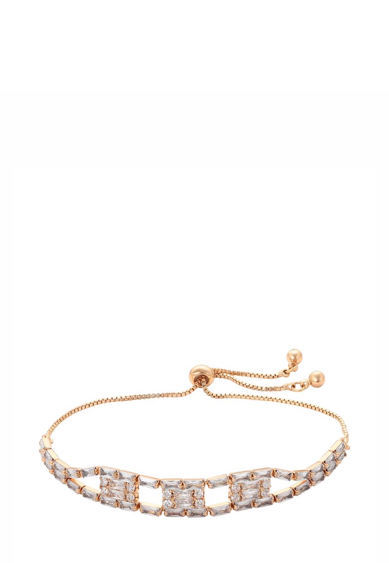 Bracciale d'oro regolabile con pietre preziose trasparenti rettangolari e quadrate disposte in un motivo geometrico e chiusura a perline scorrevole con due estremità a sfera.