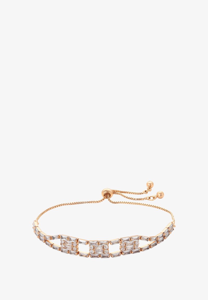 Nastaviteľný zlatý náramok s obdĺžnikovými a štvorcovými priehľadnými drahokamami usporiadanými v geometrickom vzore a posuvným zapínaním s dvoma guľatými koncami.