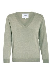 Sweter z dekoltem w serek, wykonany z jasnorozciągliwego dzianinowego materiału, z długimi rękawami i ściągaczami przy mankietach. Metka z logo marki "minus" przy szyi. Miękka faktura i codzienny krój.