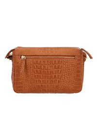 Bolso de piel sintética marrón con estampado de cocodrilo, con cierre superior con cremallera, bolsillo frontal y detalles en tono dorado; forma rectangular.