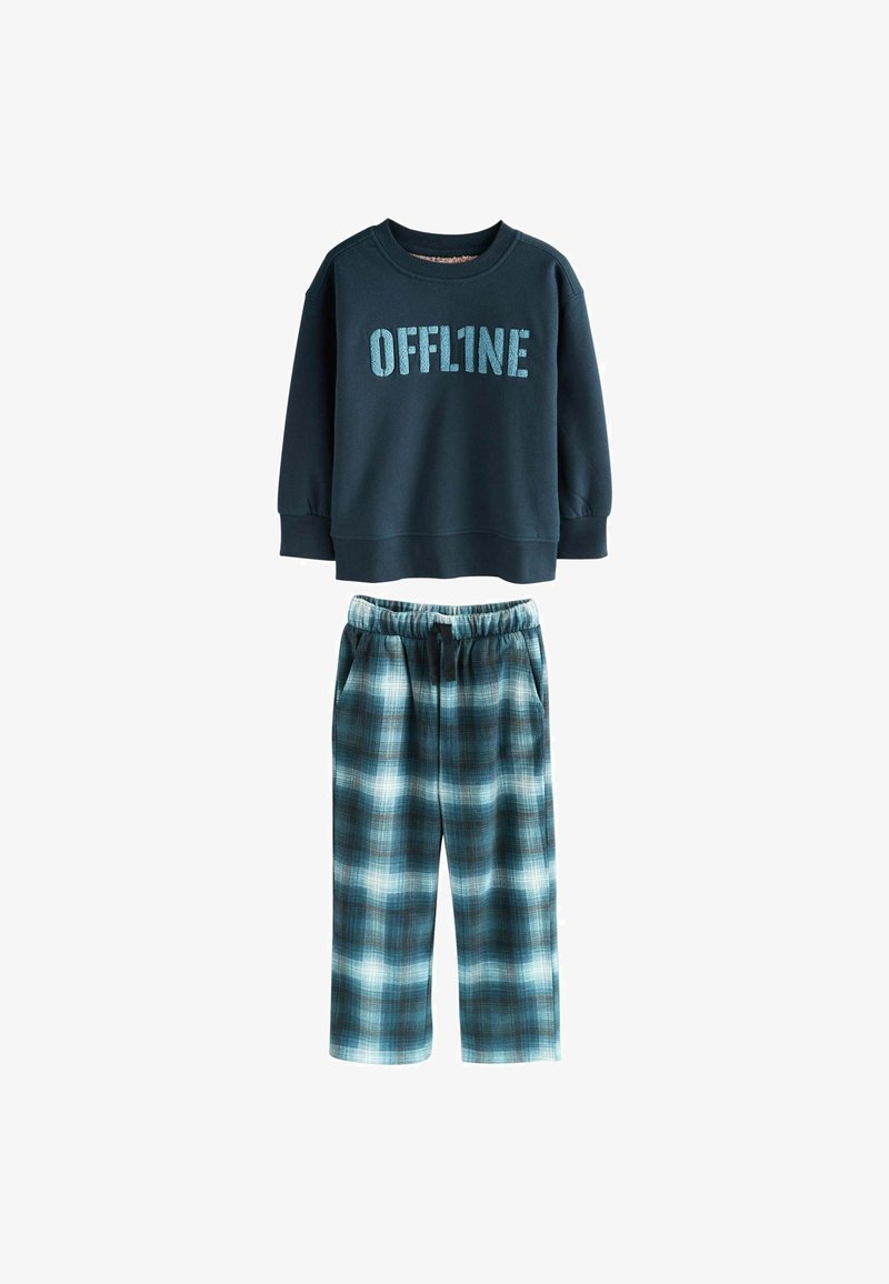 Mornarska majica s kapuco z napisom "OFFLINE"; mehak material. Usklačene karirane hlače v odtenkih modre in bele, z elastičnim pasom.