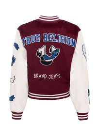 Burgundzka kurtka varsity z białymi skórzanymi rękawami. Posiada haftowane napisy "TRUE RELIGION", naszywki oraz prążkowane ściągacze przy rękawach i kołnierzu.