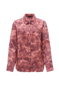 Chemise à manches longues en tissu doux, avec un motif tie-dye rose et bordeaux, un col pointu et une fermeture à boutons sur le devant.