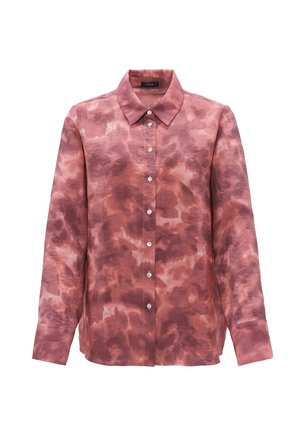 Camicia a maniche lunghe in tessuto morbido, con un motivo tie-dye rosa e bordeaux, colletto a punta e chiusura con bottoni sul davanti.