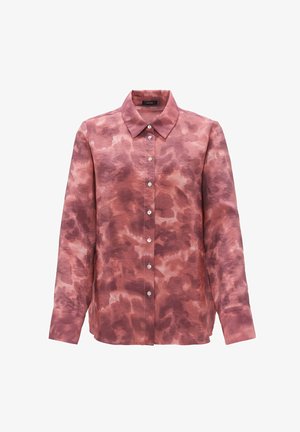 Langarmshirt van zachte stof, met een roze en bordeauxrode tie-dye patroon, een puntige kraag en knoopsluiting aan de voorkant.