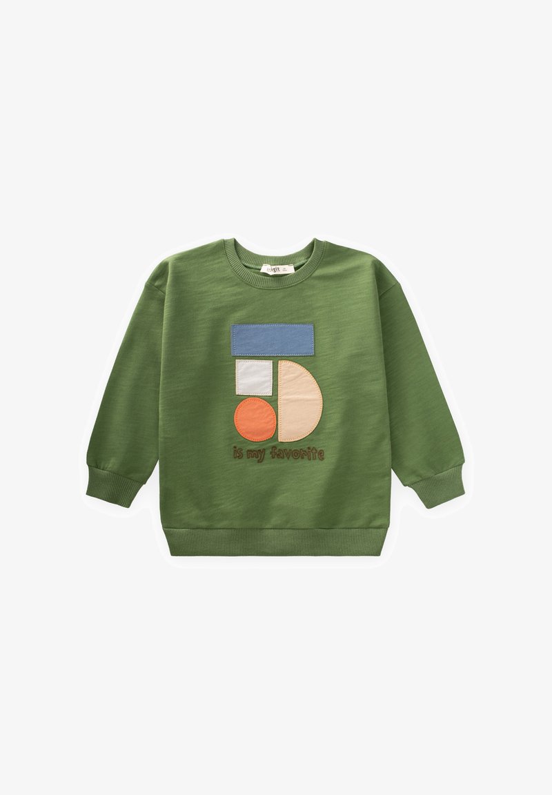 Sudadera verde con cuello redondo, puños acanalados y un diseño aplicado con formas geométricas en azul, durazno, naranja y crema.
