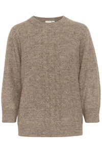 Maglione beige lavorato a maglia con scollo rotondo, maniche tre quarti, texture a trecce e vestibilità morbida. Materiale morbido e leggero.