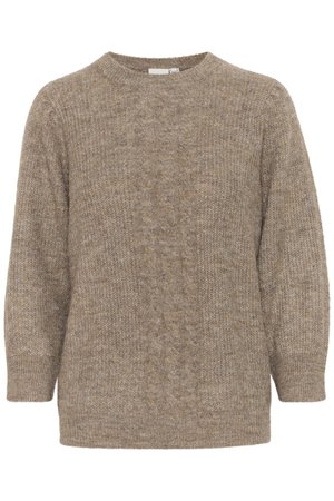 Pull en tricot beige avec un col rond, des manches trois-quarts, une texture en maille torsadée et une coupe décontractée. Matière douce et légère.