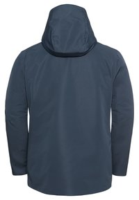 Giacca impermeabile navy con cappuccio, caratterizzata da una texture liscia e un taglio dritto. Senza chiusure o motivi visibili.