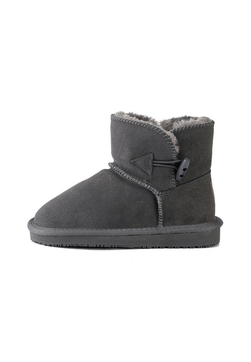 Bota de tobillo de ante gris con puntera redonda, forro de faux fur, costuras decorativas y un cierre ajustable con toggles en el lado.