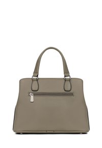 Borsa a mano in pelle grigia con doppio manico, superficie testurizzata, tasca frontale con zip e forma strutturata. Inclusi dettagli in metallo argentato.