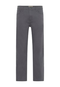 Men's straight-leg gray pants with front button, zip fly, and belt loops, displayed flat on a white background.