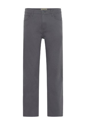 Moške sivo hlače ravnega kroja z gumbom na sprednji strani, zadrgo in zankami za pas, prikazane na ravni beli podlagi.