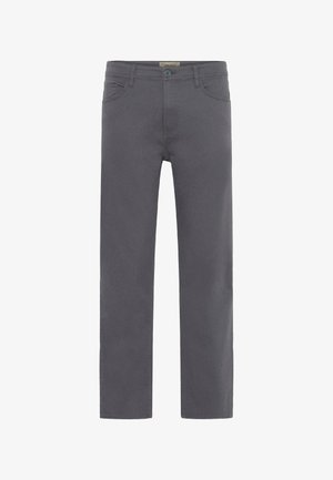 Meeste sirged hallid püksid, millel on esipaneelil nupp, tõmblukk ja vöölõngad, sirgelt valgel taustal välja pandud.