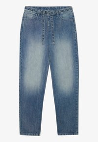 Light blue denim jeans with a slightly faded appearance, featuring a drawstring waist, straight legs, and two front pockets.