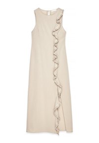 Beżowa sukienka bez rękawów z falbaną po lewej stronie. Posiada okrągły dekolt i zapięcie na plecach w formie łezki. Gładka tekstura.