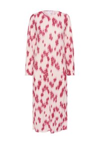 Rochie midi pliserată dintr-un material ușor, cu un model tie-dye roz și alb. Dispune de mâneci lungi și un guler rotund.