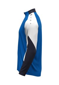 Polo a maniche lunghe con blocchi di colore blu, bianco e navy, colletto rialzato e dettagli con bottoni sulla parte anteriore, dal tocco morbido.