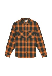Skjorte i ternet mørkegrøn og orange. Lange ærmer, knaplukning foran, spidse krave og to brystlommer. Lavet af blødt stof.