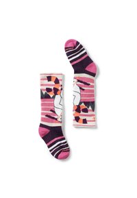 Knähöga strumpor med ett randigt mönster i rosa, lila och vitt, med en geometrisk design och en grafisk djurmotiv fram.