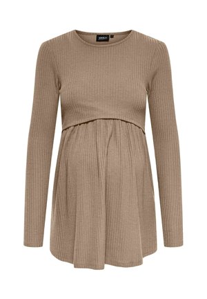 Garām piedurknēm, ribaina grūtnieču blūze bēšā krāsā ar pieguļošu augšdaļu un izplestu apakšu, apaļu kakla izgriezumu un mīkstu, teksturētu audumu.