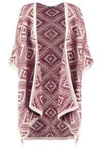 Rød og cremefarvet strikket cardigan med geometrisk mønster, åben front og korte ærmer med tekstureret finish og ribkant.