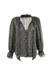 Blusa oscura y semi-translúcida con patrón de paisley, cierre de botones, escote en V y mangas abullonadas con puños elásticos. Tejido ligero y fluido.