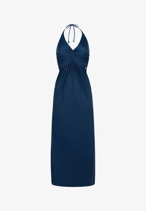 Navy blue maxi dress with a v-neckline, gathered waist detail, and flowing A-line skirt, made from soft, lightweight fabric.