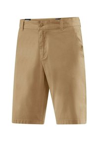 Pantaloni corti color khaki in cotone con una texture liscia, caratterizzati da una parte anteriore piatta, due tasche laterali e una chiusura a bottone.
