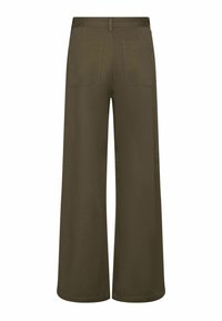 Olive green wide-leg pants with back patch pockets and belt loops, shown from the rear on a white background.