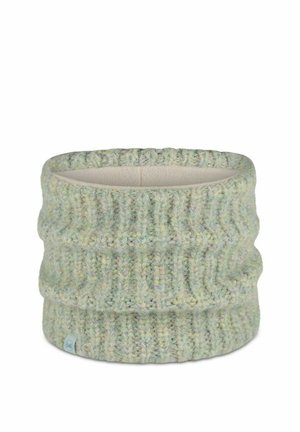 Calentador de cuello tejido de color verde claro con textura acanalada y forro de vellón suave, diseñado para la comodidad en climas fríos.