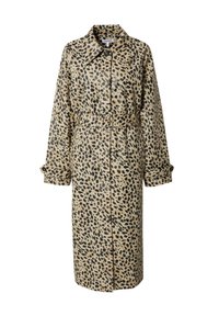 Luipaardprint trenchcoat in beige en zwart, met een ceintuur in de taille, lange mouwen en een klassieke kraag met knoopsluiting.