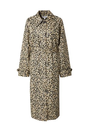 Luipaardprint trenchcoat in beige en zwart, met een ceintuur in de taille, lange mouwen en een klassieke kraag met knoopsluiting.