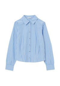 Chemise à boutons bleu à rayures avec col, manches longues et poignets. Présente des rayures blanches verticales et une texture de tissu douce.