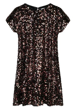 Sort pailletkjole med rund halsudskæring, korte ærmer og en løs pasform. Pailletterne reflekterer lyset i forskellige nuancer af pink og sølv.