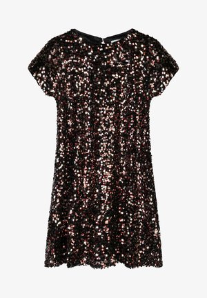 Schwarzes Paillettenkleid mit rundem Ausschnitt, kurzen Ärmeln und lockerem Schnitt. Die Pailletten reflektieren Licht in verschiedenen Schattierungen von Rosa und Silber.