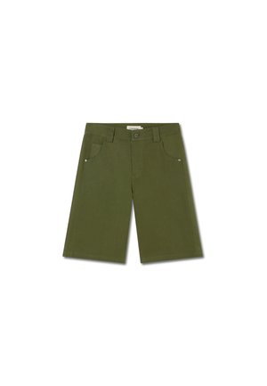 Olive green shorts made of cotton blend, featuring a straight cut, front pockets, and a button closure. Smooth texture, minimalist design.