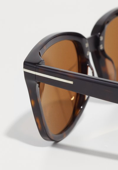 Tortoiseshell sunglasses with brown tinted lenses, featuring a geometric design and a metallic silver accent on the temples.