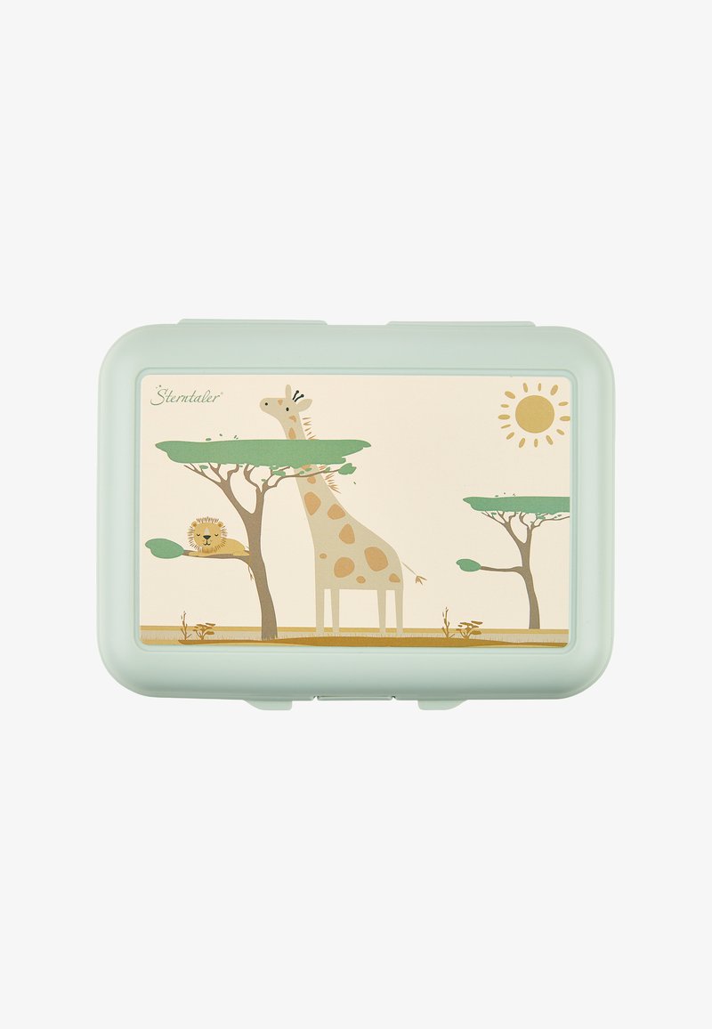 Mint green lunch box featuring a giraffe and lion design against a pale background, with trees and a sun. Made of durable plastic material.