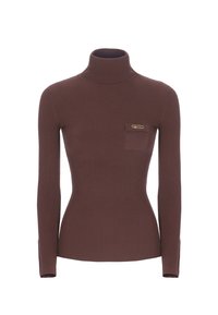 Brauner gerippter Langarm-Turtleneck-Pullover mit slim Fit, ausgestattet mit einer kleinen Tasche und einem goldfarbenen Logo-Detail auf der Brust.